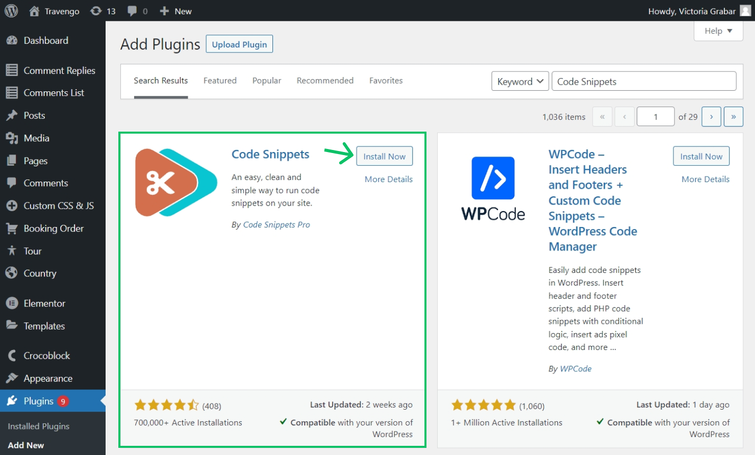 installing the code snippets plugin