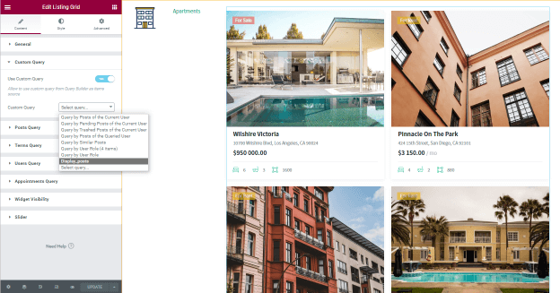 listing grid with categories