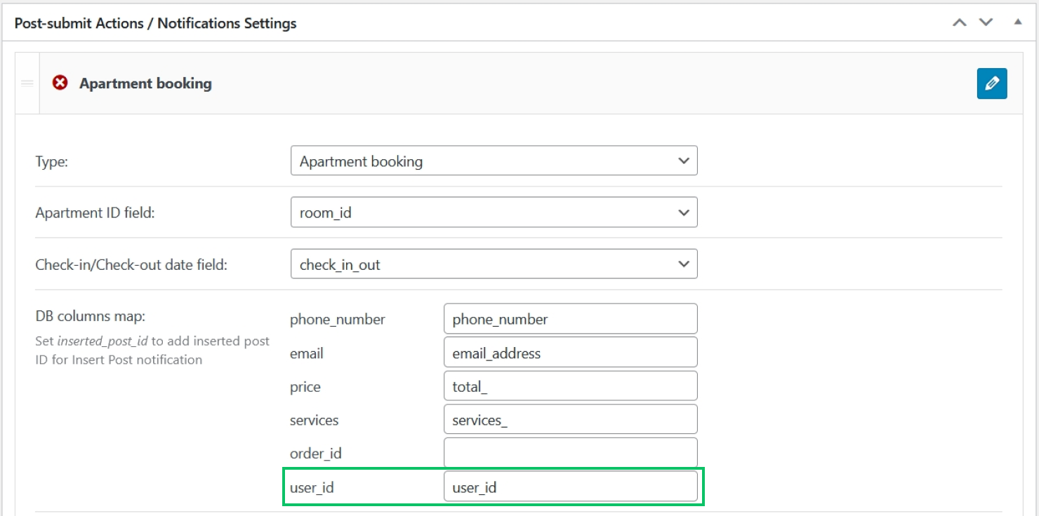 mapping user id column with hidden field