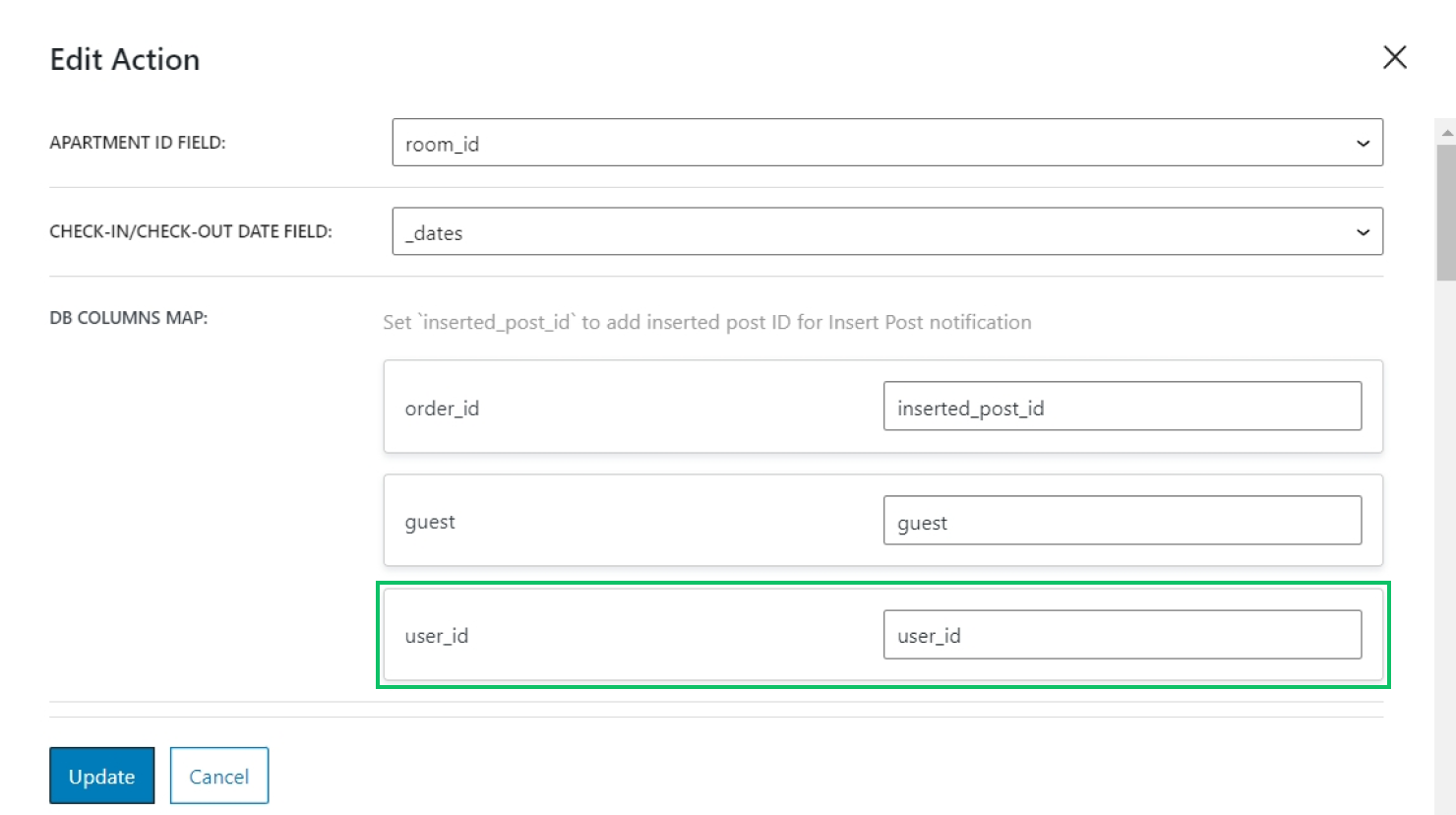 mapping user id column with hidden field in jetformbuilder