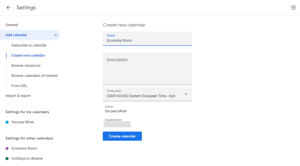 name, description, and time zone for a new calendar