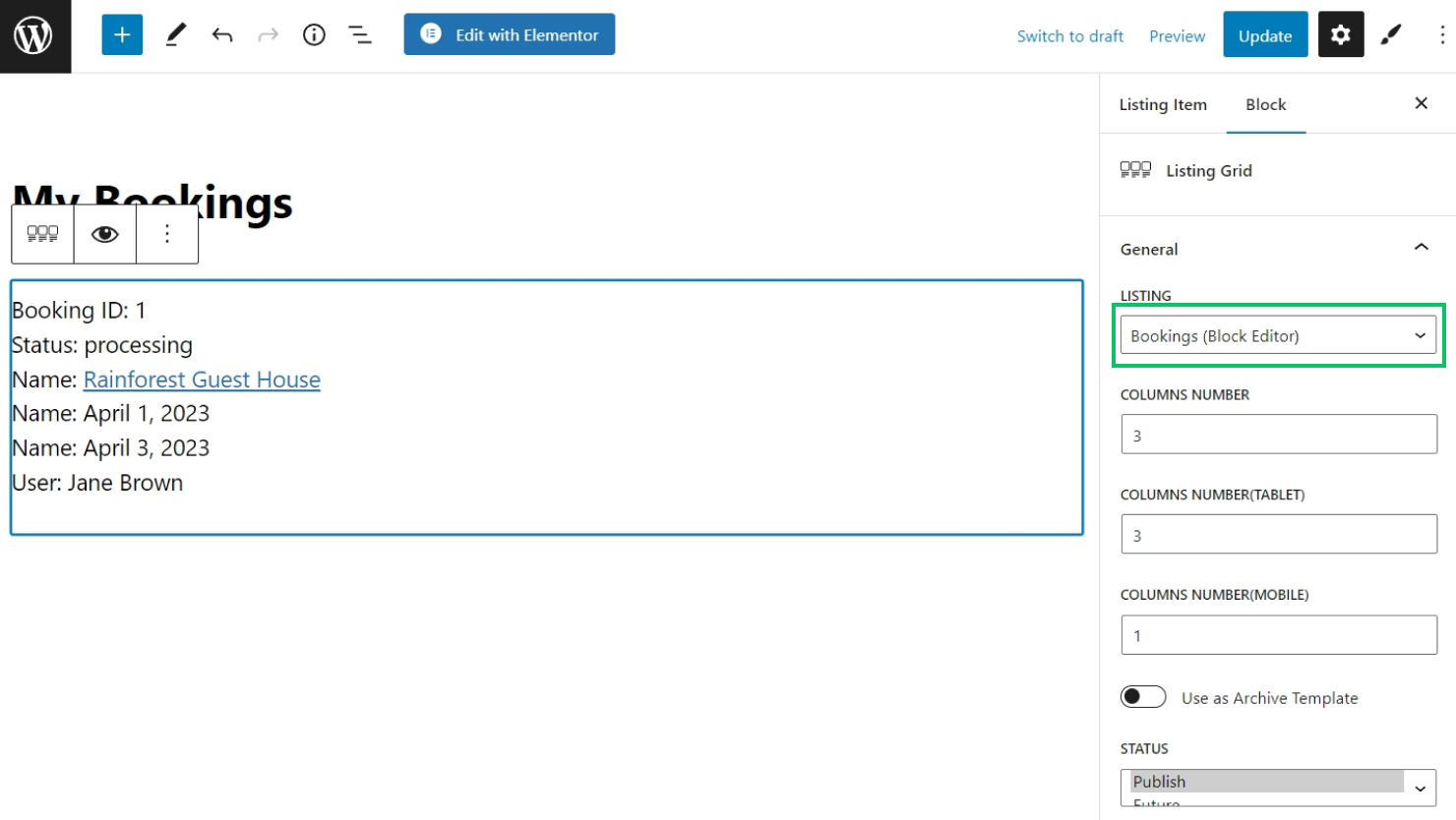 selecting gutenberg listing template for bookings in listing grid block