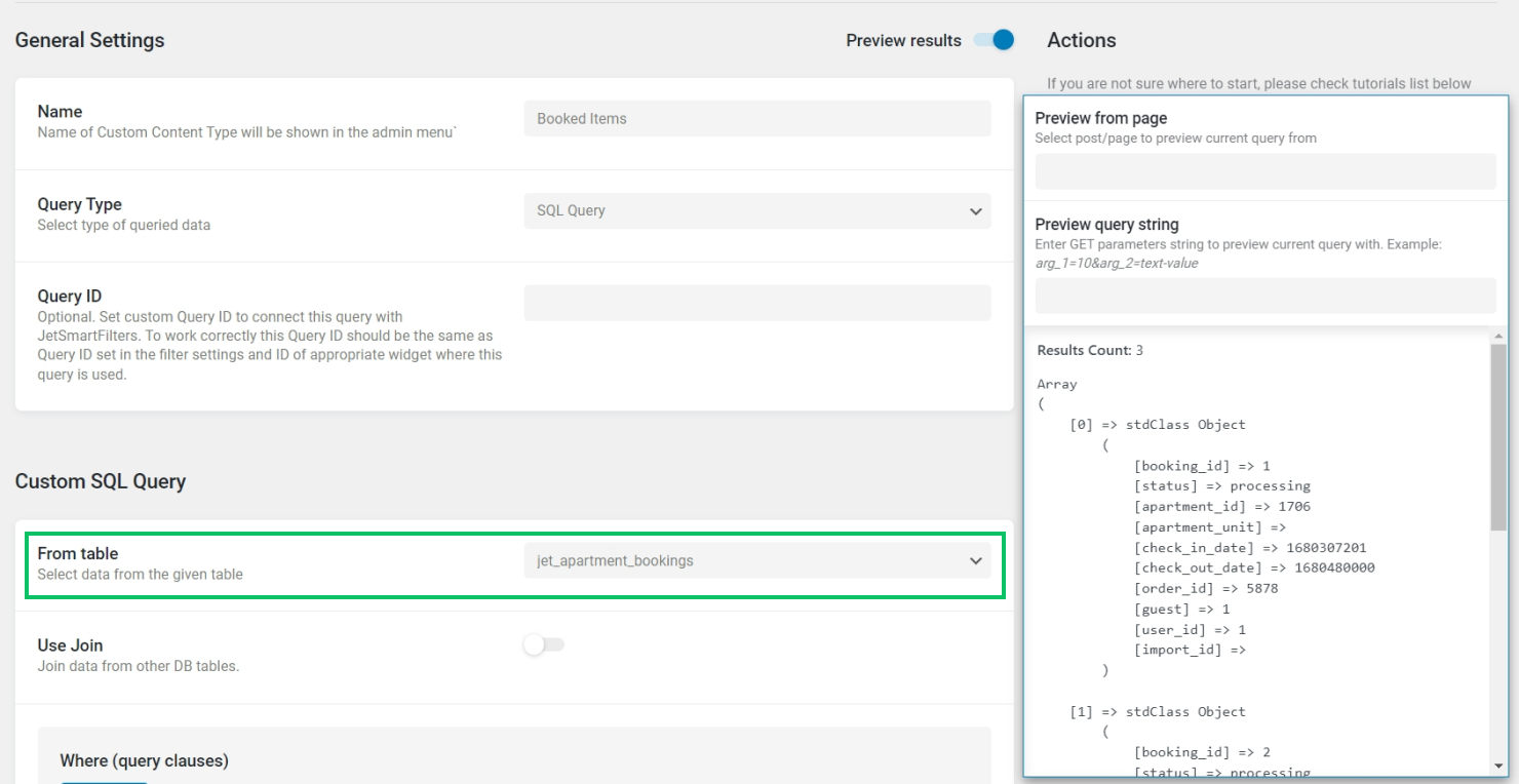 sql query by jet_apartment_bookings table