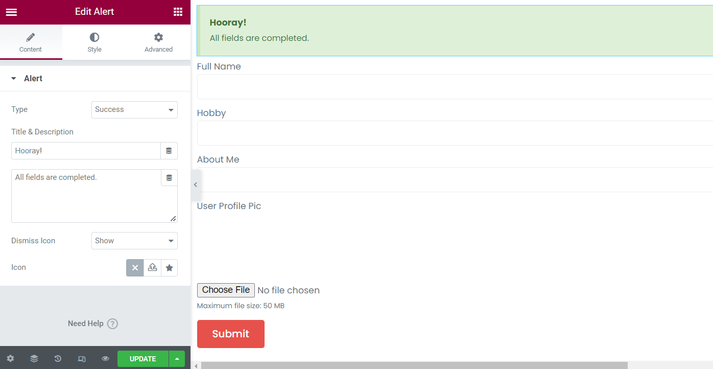 success alert content settings
