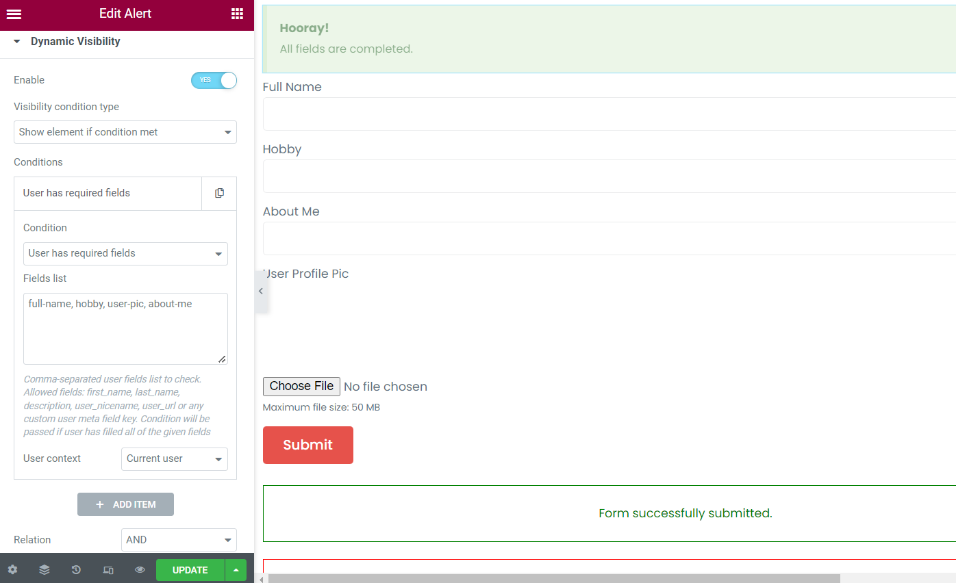 sucess alert dynamic visibility settings