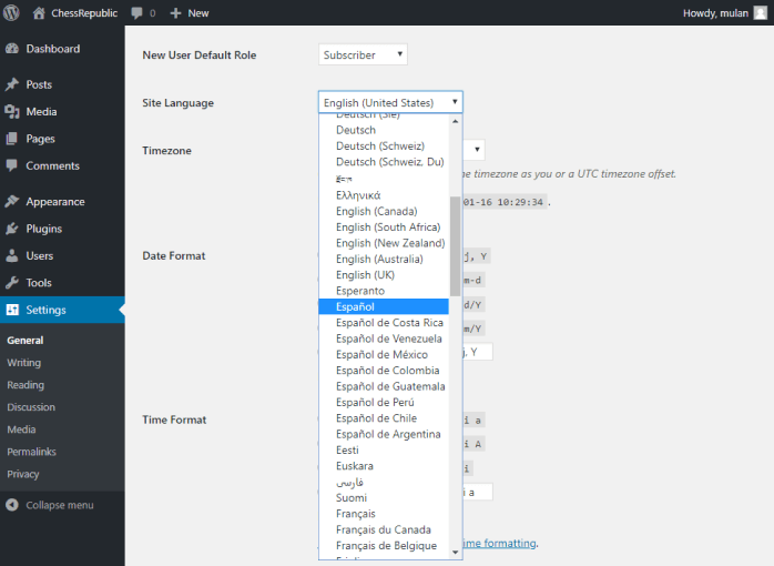 General settings at WordPress Dashboard