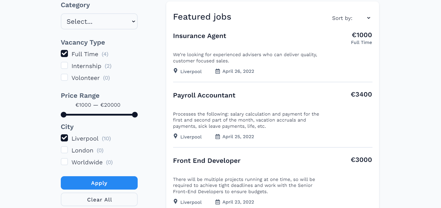 filters on the search page