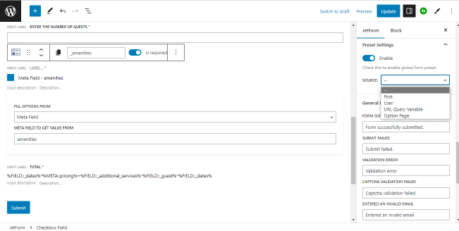 form preset settings