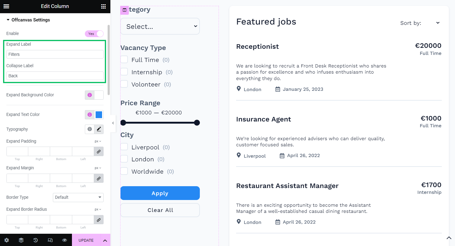 labels and expand button settings