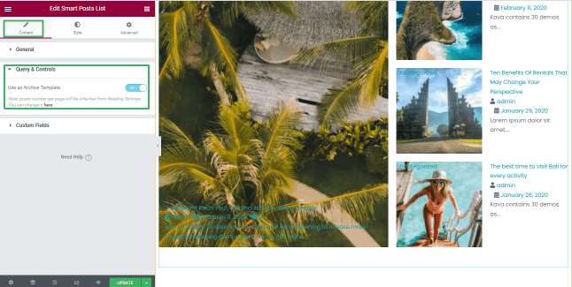 smart posts list query and controls settings