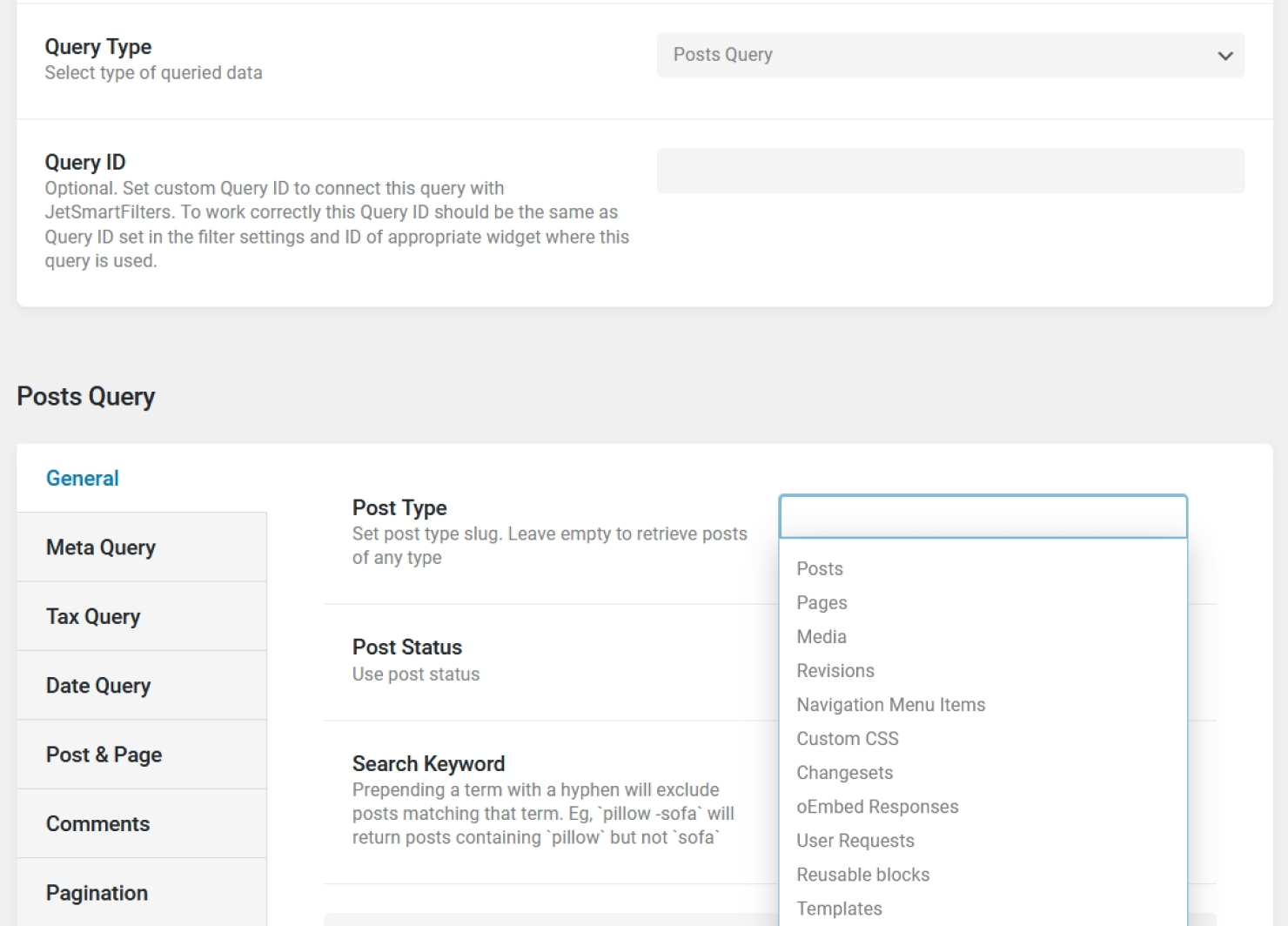 specify post type in the settings of posts query