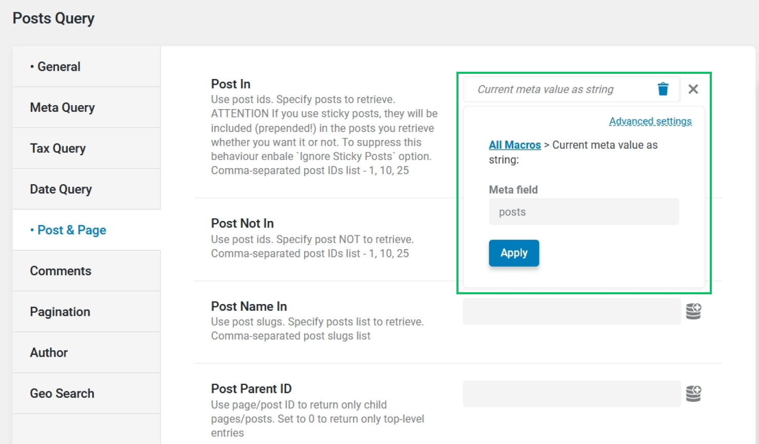 using current meta value as string macro in the post in field of posts query