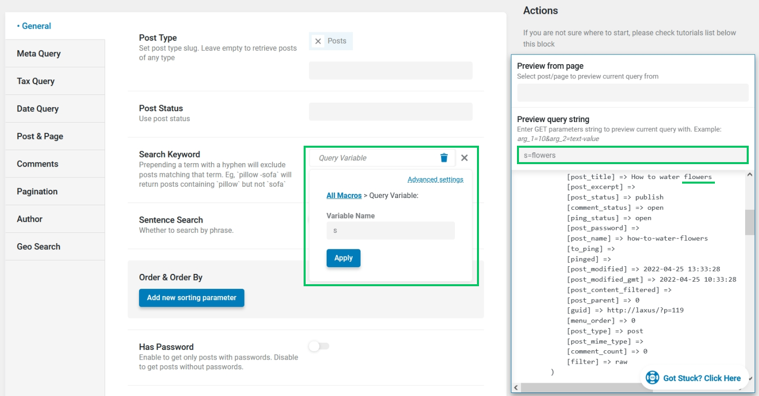 using query variable macro to display search results